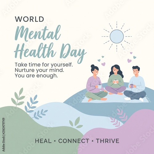 world mental health day illustration with friends drinking tea