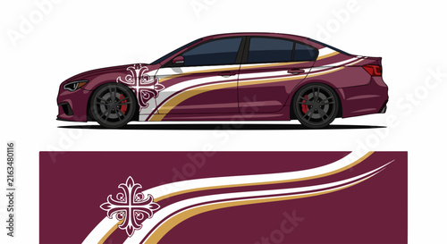 Burgundy luxury sedan with ornate cross decal wrap