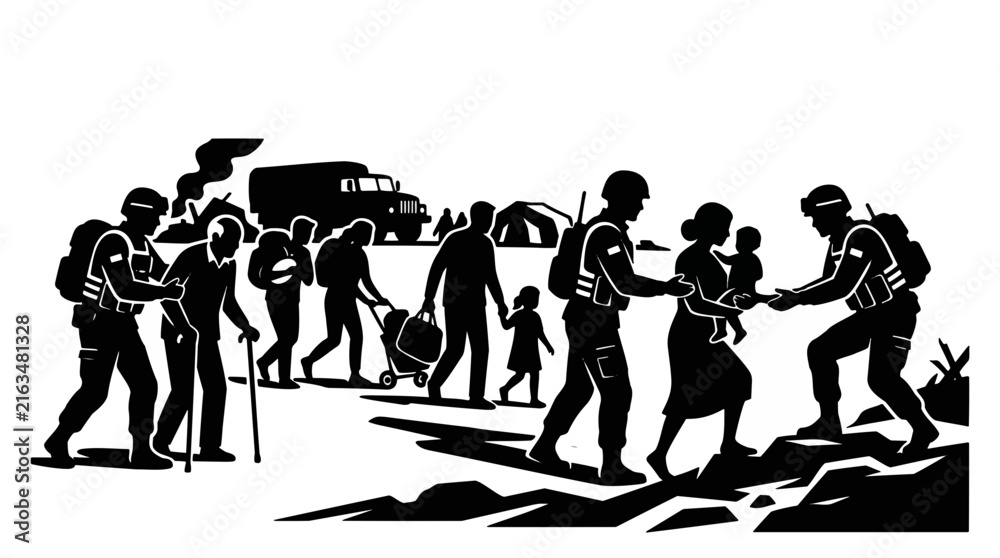 Obraz premium Refugees and soldiers walk together during a humanitarian crisis in a silhouette vector illustration.