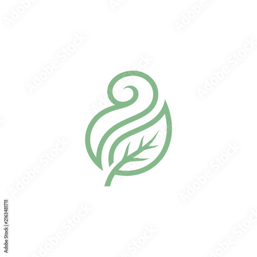 Stylized green leaf with swirl detail for botanical brands.