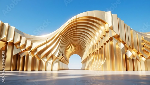 Golden metallic architectural tunnel entrance with wavy geometric patterns under clear bright blue sky light