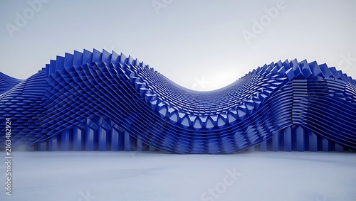 Abstract blue geometric wave structure against clear white background modern architectural design concept