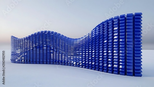 Abstract wavy wall constructed from glossy blue modular cubes standing on a clean white horizon with against minimalist background