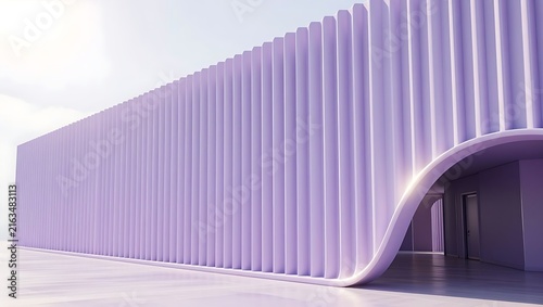 Minimalist modern building exterior featuring vertical ribbed facade and curved architectural entrance under soft daylight