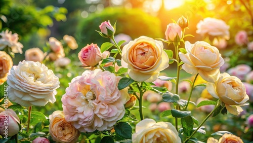Soft petals unfurl among vintage english roses in a tranquil sundappled garden filled with rustic charm and serenity