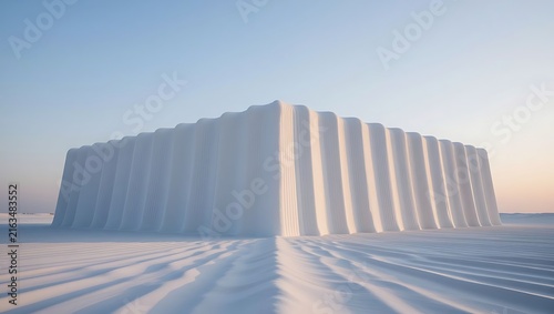 Minimalist white rectangular structure with vertical corrugated texture set against a vast empty snowy horizon