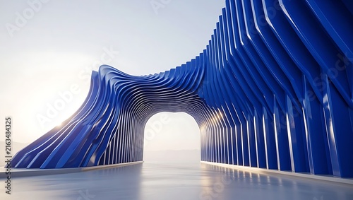 Futuristic blue wavy architectural gateway structure against minimalist horizon under bright clear morning sky light