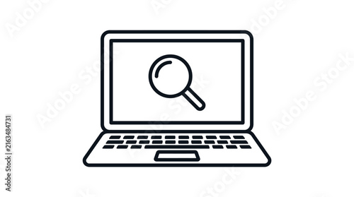 Minimalist vector laptop illustration featuring a clean black magnifying glass icon