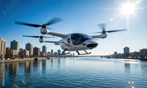 A helicopter-like air taxi is flying above the river, showcasing its modern design. This eVTOL is set against a backdrop of city skyscrapers, emphasizing urban air mobility.