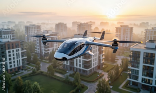 A sleek VTOL air taxi hovers above modern buildings. This eVTOL provides a glimpse into urban transportation's future, showcasing advanced technology.