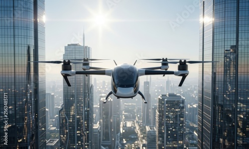 A sleek eVTOL air taxi glides between tall skyscrapers. The futuristic eVTOL showcases modern design and innovative technology in urban transportation.