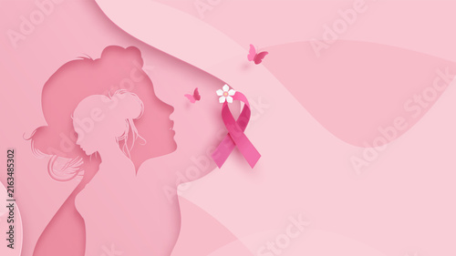 Pink ribbon breast cancer awareness month banner with women profile in paper cut style.