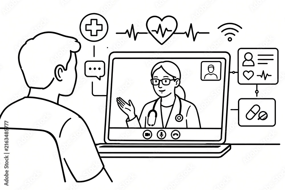 Fototapeta premium Patient on a video call having a remote consultation with a doctor online via laptop. Medical icons for virtual healthcare, telemedicine, and digital health.
