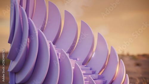 Abstract staircase structure with curving lavender petal walls against a soft blurred golden desert horizon