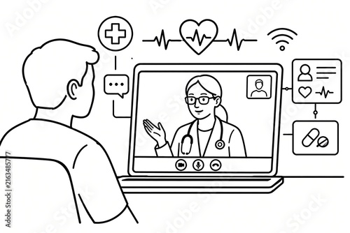 Patient on a video call having a remote consultation with a doctor online via laptop. Medical icons for virtual healthcare, telemedicine, and digital health.