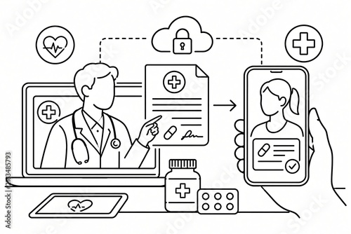 Digital healthcare concept with remote medical consultation, cloud security, and online prescription.
