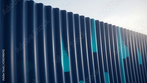 Abstract corrugated blue metal surface featuring vibrant teal painted drip patterns under bright natural daylight