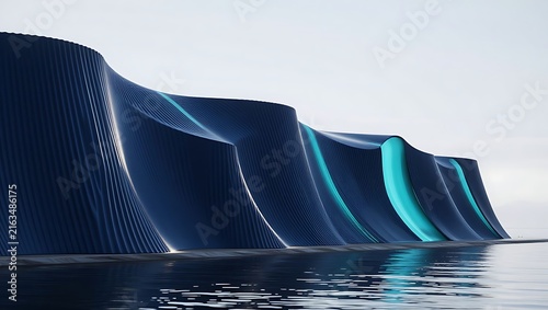 Futuristic wavy architecture building facade featuring glowing cyan light accents along dark ribbed exterior wall structure