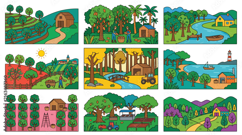 Naklejka premium Rural farm and woodland landscape illustrations.