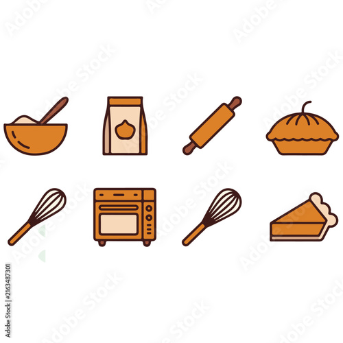 Autumn Baking and Thanksgiving Kitchen Utensils Icon Set with Pie Rolling Pin and Whisk
