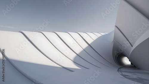 Abstract white architectural structure with curved lines and a tunnel entrance under clear sky