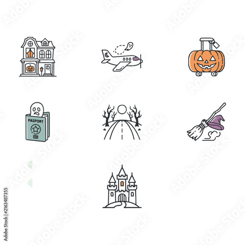 Halloween Spooky Icon Collection with Haunted House Pumpkin Ghost and Skull