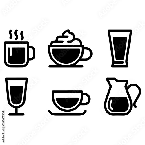 Coffee and Beverage Cups Outline Icon Set Isolated on White
