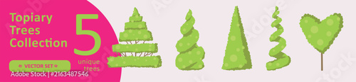 Five Topiary Trees Vector Set Isolated on White Background