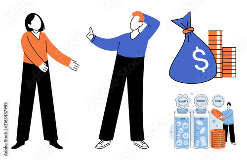 People managing money and financial assets vector illustration. Investment, banking, budget planning, corporate finance, wealth management, economic growth. Characters handling capital and savings