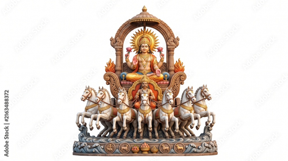 Fototapeta premium Hindu god Surya in chariot pulled by seven horses, artistic representation
