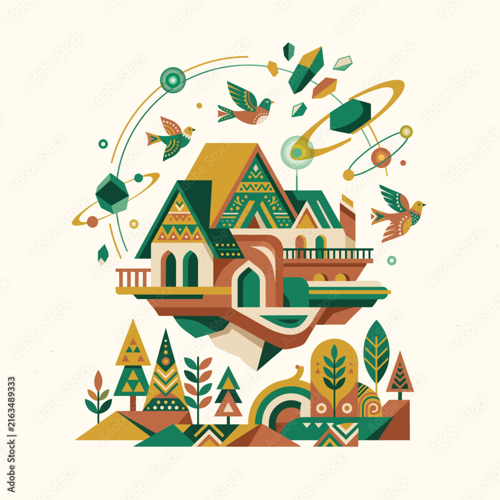 Naklejka premium Magical floating house with geometric trees birds and planetary orbit rings in a fantasy world floating architecture building