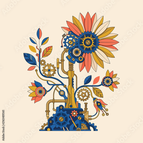 Foto Steampunk mechanical flower illustration made of gears pipes and colorful metall