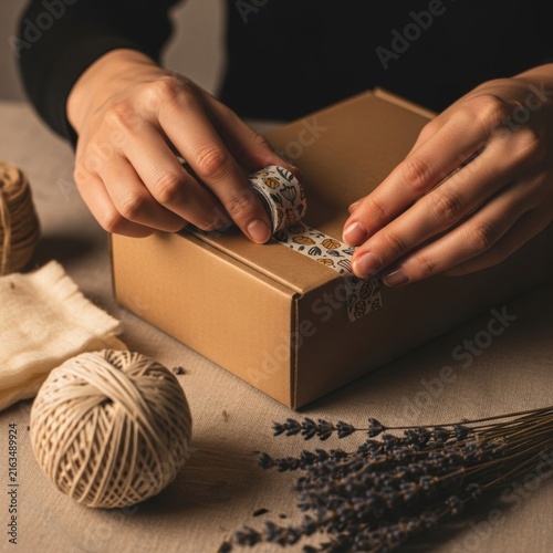 Close up of hands sealing a brown cardboard mailing box with decorative patterned washi tape on a rustic table with dried lavender, balls of twine, and natural linen cloth.