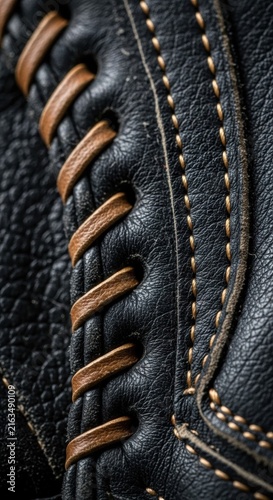 Extreme macro close-up of a black textured leather glove featuring thick brown lacing and intricate tan stitching. Detailed grain texture and heavy-duty seam construction visible.