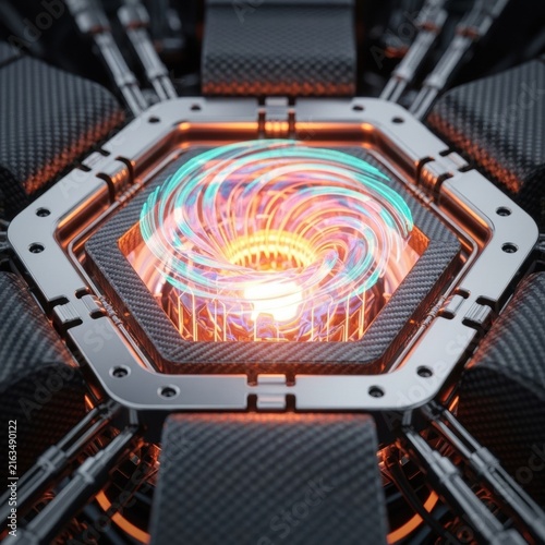 Close-up macro view of a futuristic fusion core featuring a glowing plasma vortex, hexagonal metallic housing, carbon fiber panels, and detailed industrial mechanical components.