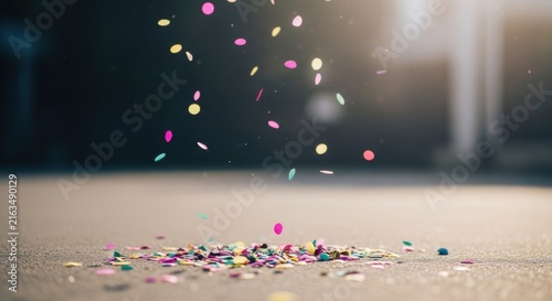 Multi-colored circular paper confetti falling through the air and landing on a flat grey textured ground with a shallow depth of field and bright lens flare from soft outdoor lighting.