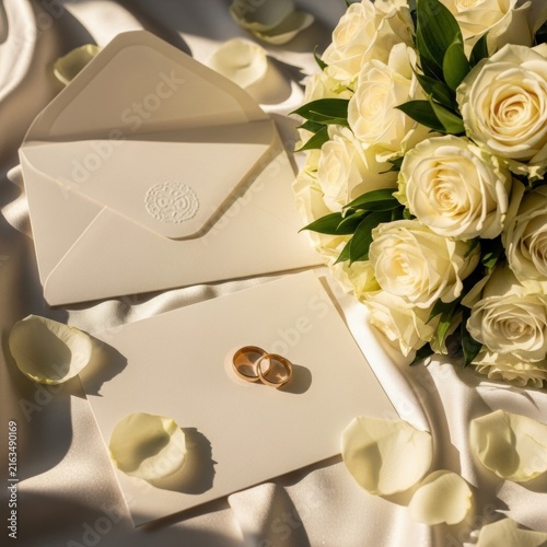 Wedding invitation stationery mockup with open cream envelope and wax seal, blank card with two gold rings, white rose bouquet and petals on white silk fabric in bright sunlight.