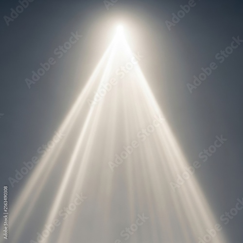 Abstract bright white light rays emanating downwards from a central point source against a dark gray background, featuring volumetric lighting and a soft atmospheric glow effect.