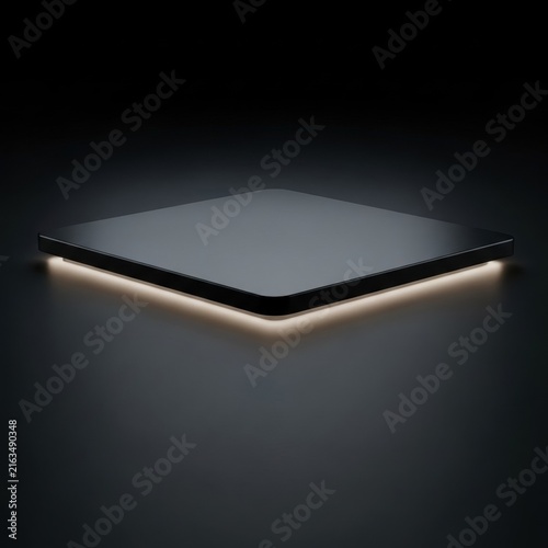 Minimalist dark square platform with rounded corners featuring warm LED under-glow lighting placed on a matte black reflective surface for product presentation exhibition.
