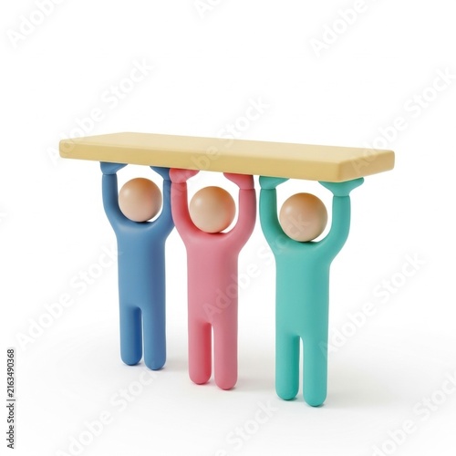 Minimalist 3D render of three stylized human icons in blue, pink, and green holding up a yellow horizontal platform together on a white background signifying group collaboration.