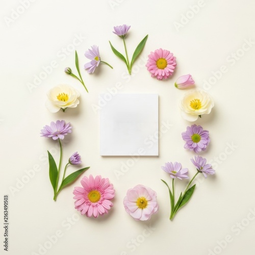 Flat lay top view of spring flowers like pink gerbera daisies, purple asters, and white blossoms arranged in a circular wreath around a blank square white card on a cream background.