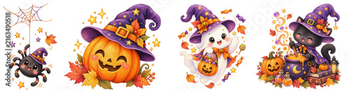 Cute watercolor Halloween clipart collection with spooky, ghost, cat, spider, and candy elements