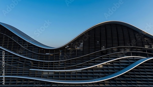 Modern architectural building facade with curved metal louvers against a clear blue sky background