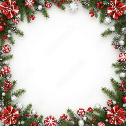 Christmas frame on white background featuring green evergreen pine branches, red and silver baubles, red berries, frosted pine cones, and decorative red ribbons with bows.