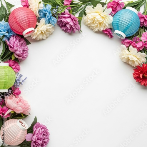 Circular floral frame on white background featuring artificial peonies, chrysanthemums and round paper lanterns in pastel colors. Top view flat lay with empty central copy space.