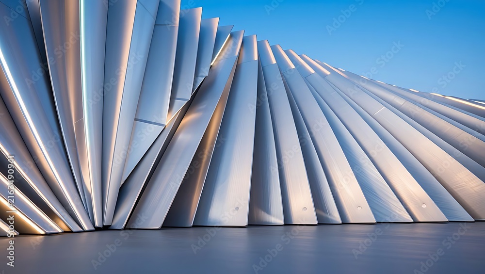 Naklejka premium Abstract facade of a modern building with metallic panels and illuminated edges under blue sky