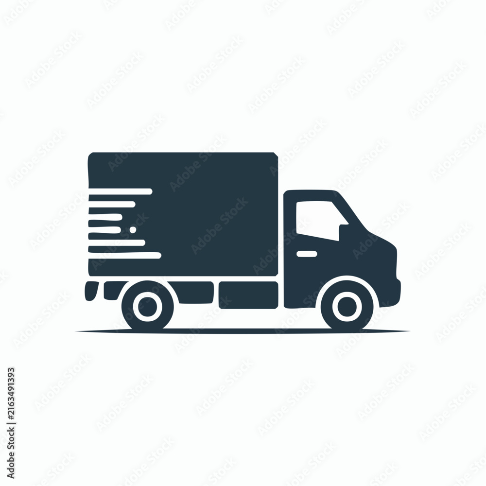 Fototapeta premium A minimalist flat icon depicts a dark blue delivery truck moving with speed lines.