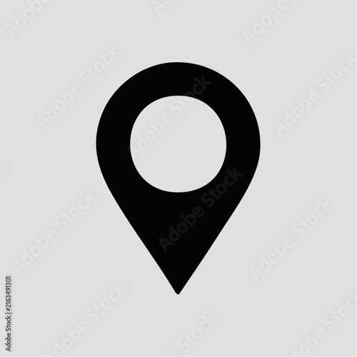 A black map pin icon is centered against a plain light gray background.