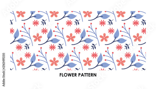 Seamless Floral Pattern Background with Coral Flowers Blue Leaves and Botanical Twig Elements for Textile Design