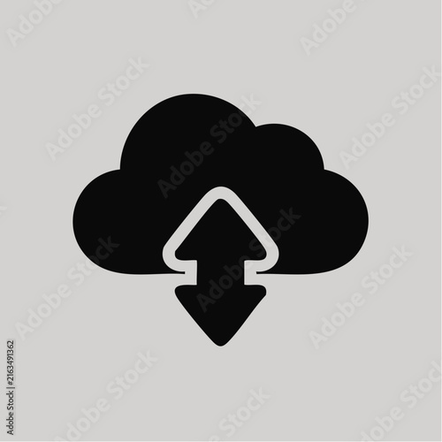 A minimalist black cloud icon with an integrated arrow symbol sits on a grey background.